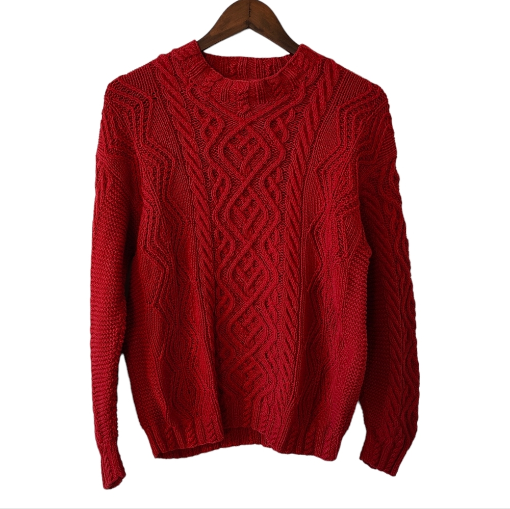 Vintage Eddie Bauer Catalog Cable Knit Sweater Chunky Knit Red Mockneck S
